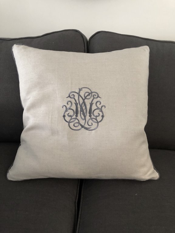 Monogrammed Cushion Charcoal On Linen