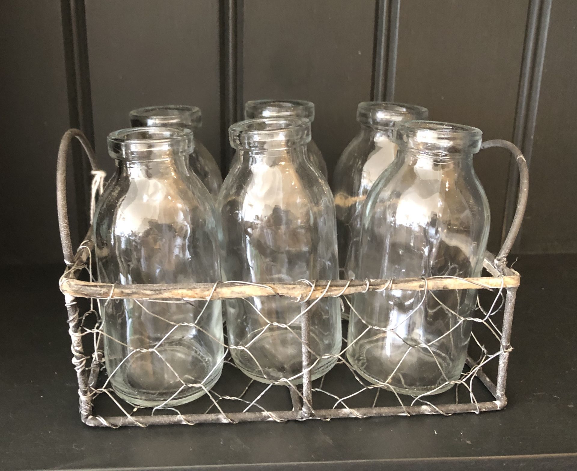 Hand Painted Furniture Accessories For Sale Wire Basket With 6 Mini Milk Bottles Pepperbox
